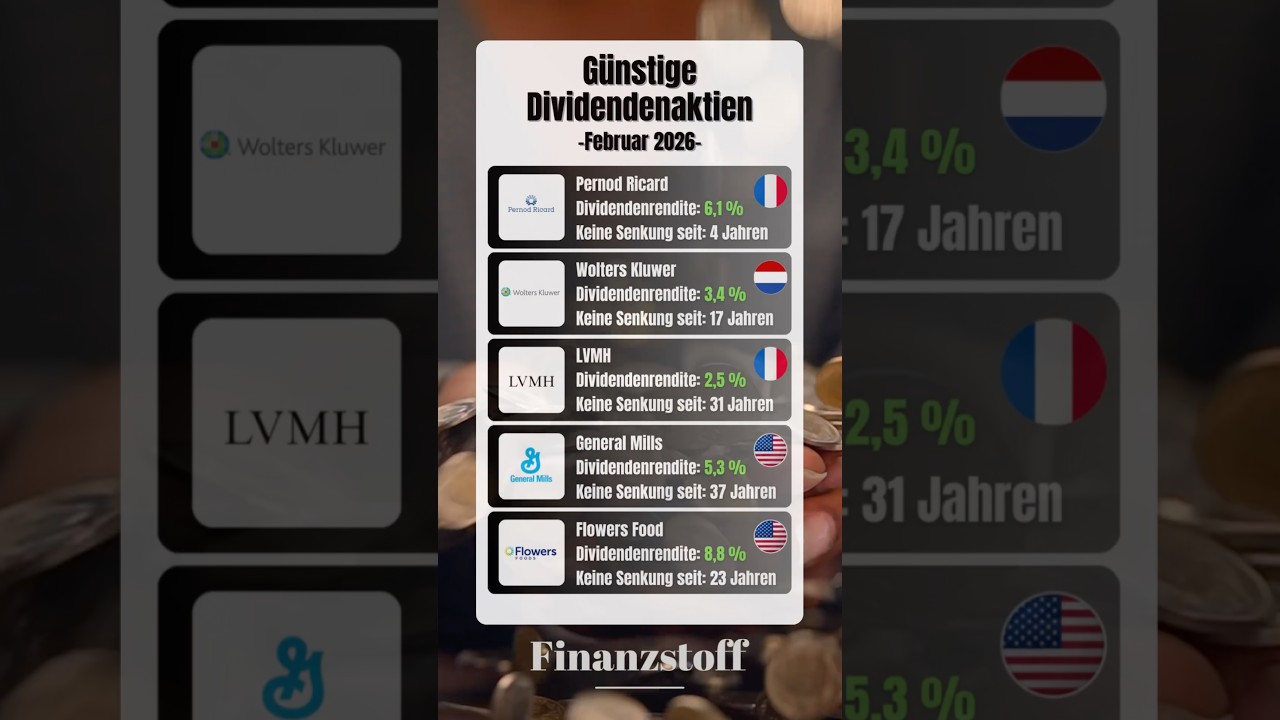5 g&uuml;nstige Dividendenaktien f&uuml;r regelm&auml;&szlig;iges Einkommen 💸 | Feb 2026