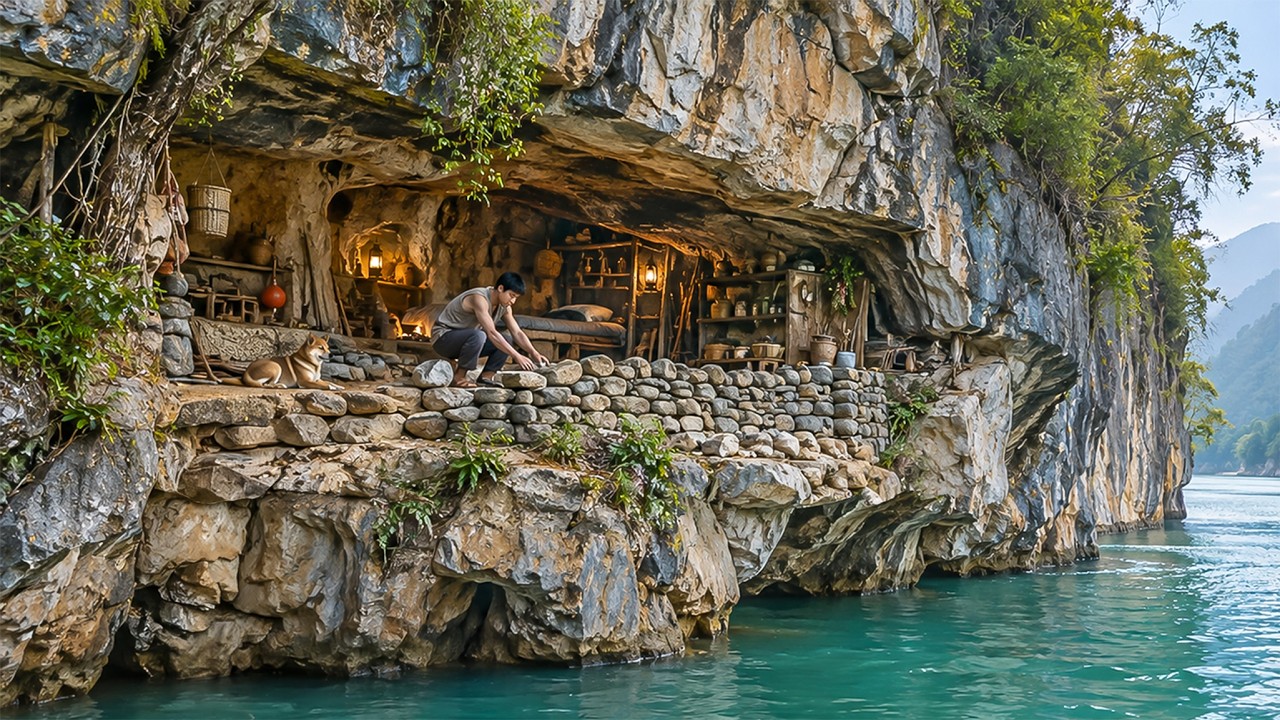 Building a Shelter inside a Cave | Learning to Fishing and Cooking to Survive Alone in Forest