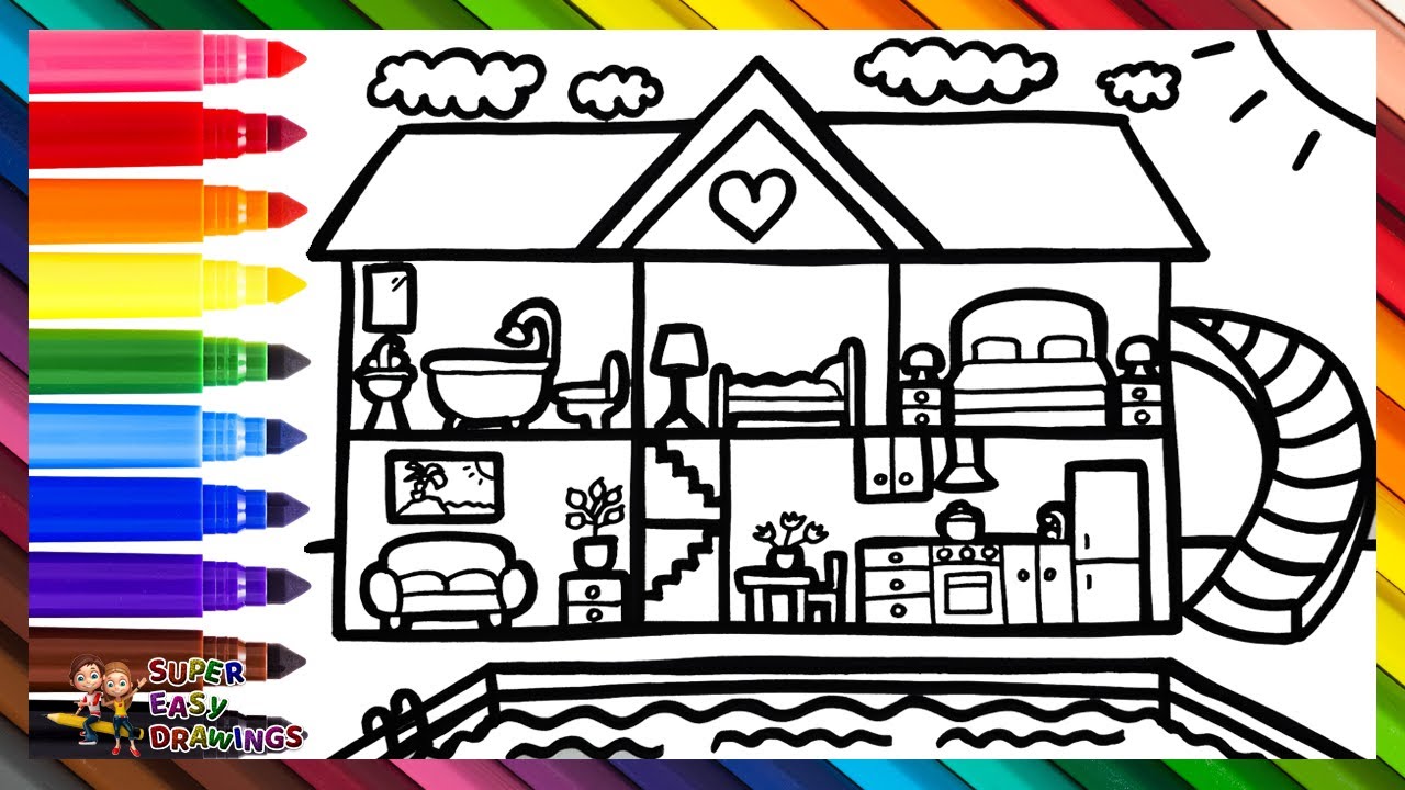 Draw and Color a House with a Pool 🏡👙🌊🏊🌞🌈 Drawings for Kids
