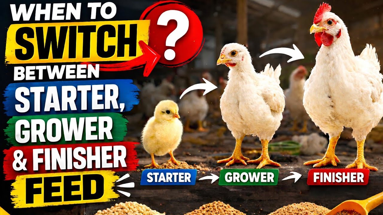 When to Switch from Starter to Grower to Finisher Feed in Broilers/chicken/broiler feeding guide.