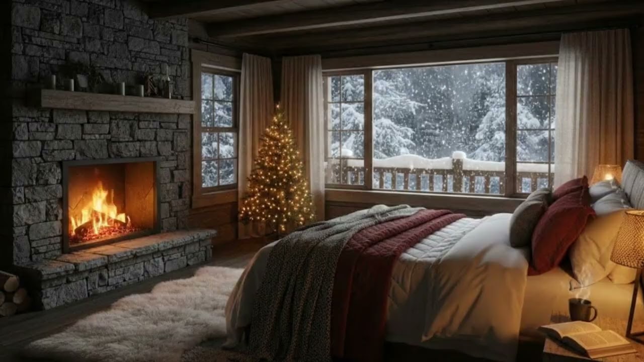 Warm Fireplace in Snowy Cabin Bedroom | Peaceful Winter Night Ambience