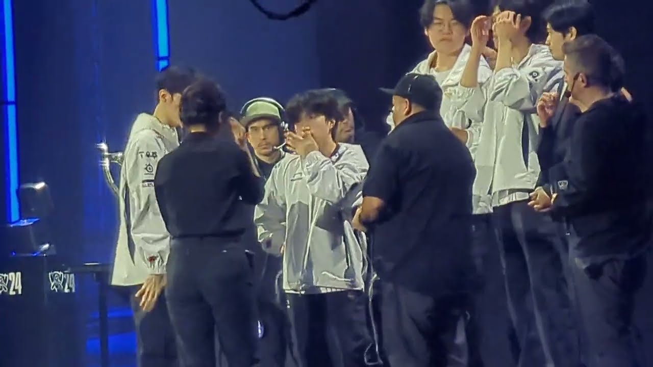 2024 LoL Worlds finals - Every T1 member picking up the trophy + interview prep (audience pov)