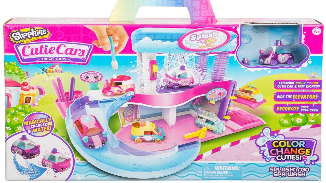 Unboxing Shopkins Cutie Cars Splash &lsquo;N&rsquo; GO Spa Wash - New Color Change Cutie Car