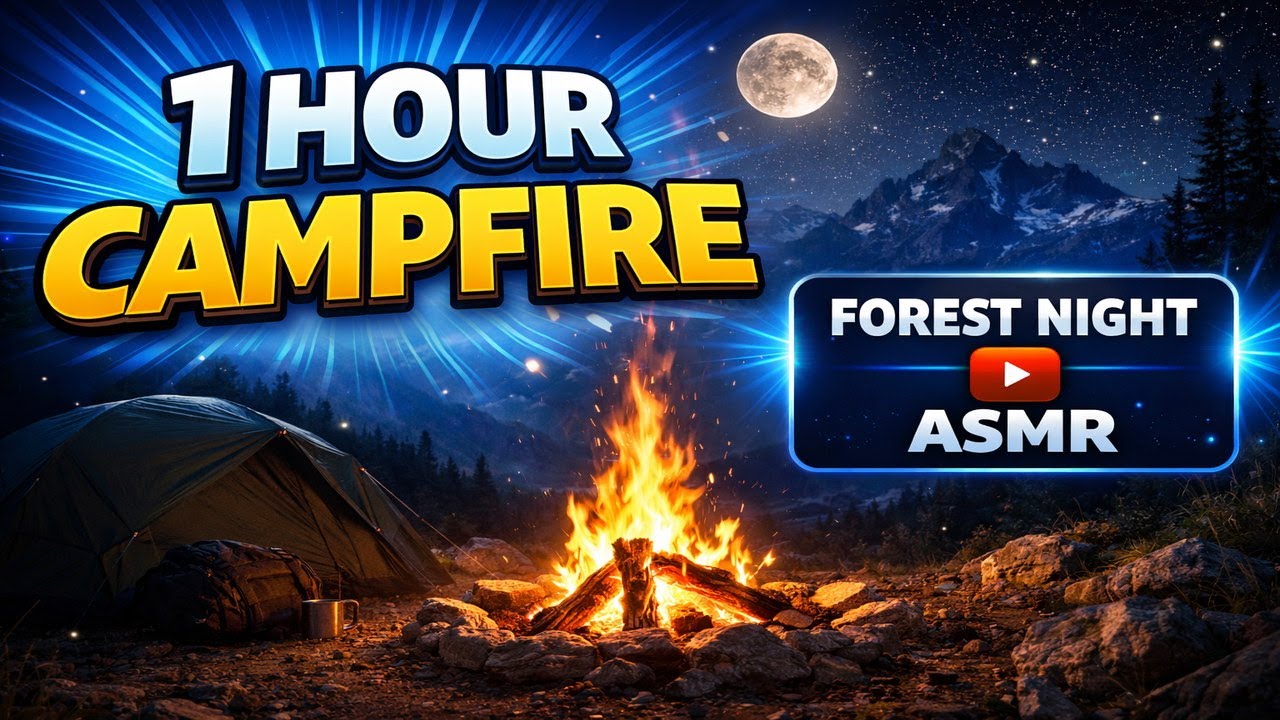 🦉Night Campfire in the Mountains 🔥🌲 | Forest Night Sounds & Crackling Fire | 1 Hour Ambience