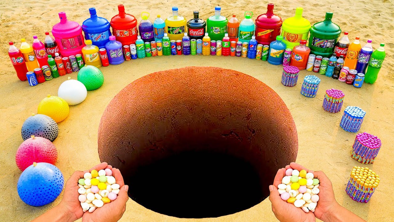 Big Toothpaste Eruption from Giant Mtn Dew, Coca Cola, Fanta, Balloons Orbeez vs Mentos Underground