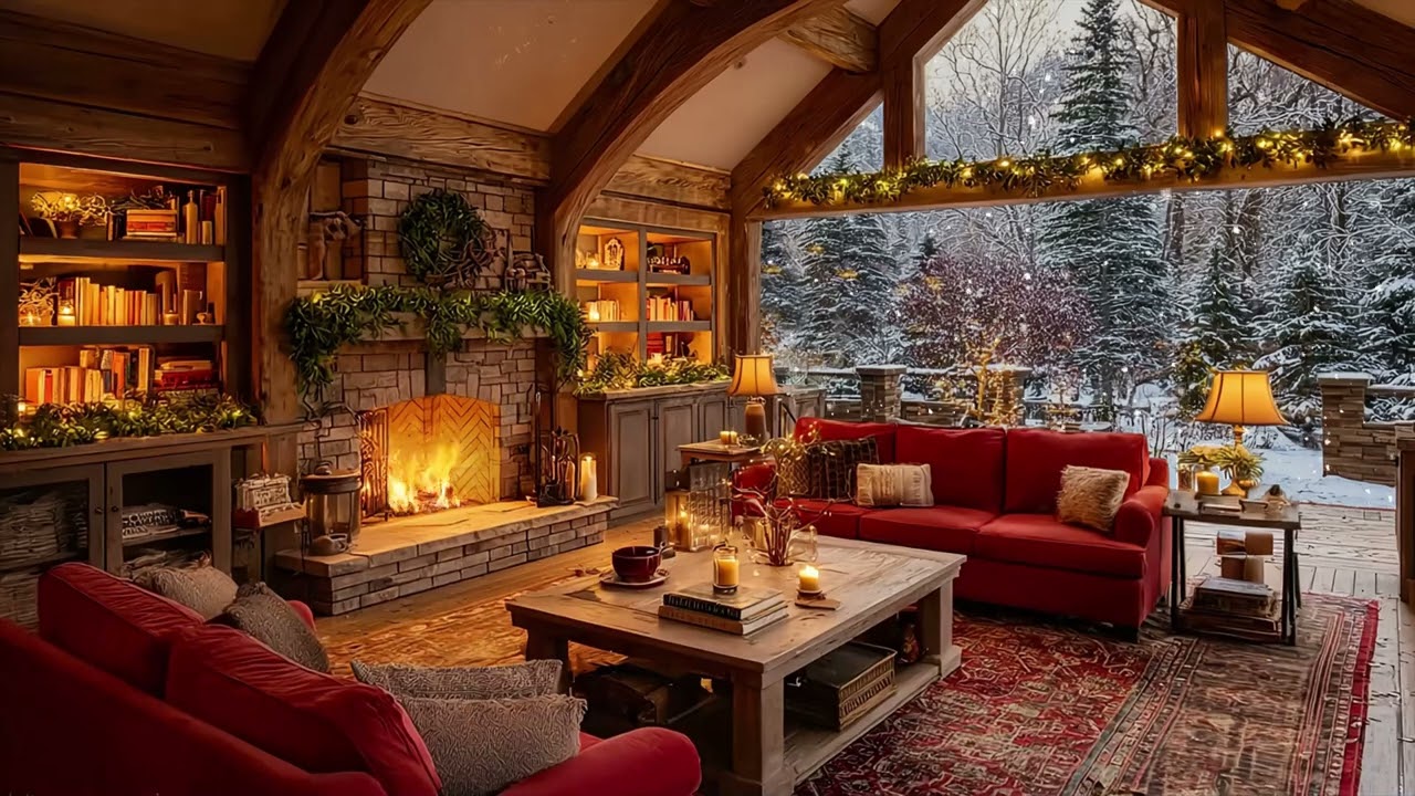 Winter Cabin Fireplace at Night ☃️ Snowfall & Gentle Piano Music for Deep Sleep