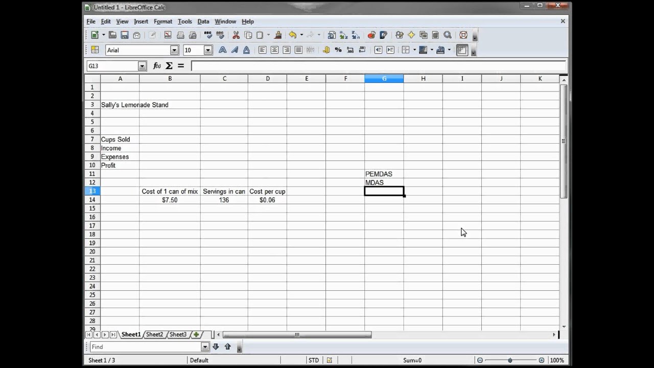 6 -  LibreOffice Calc, OpenOffice Calc, Excel Tutorial --  Lemonade Stand Arithmetic