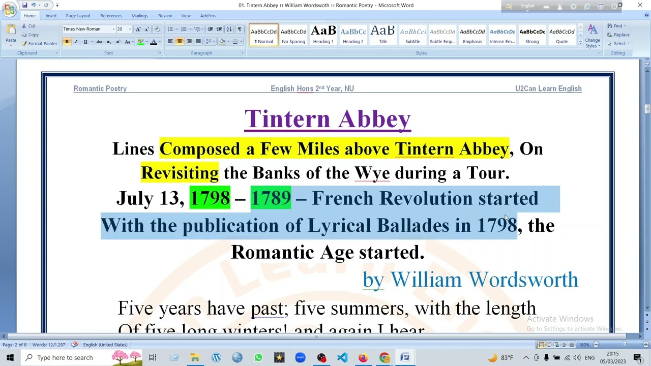 Lecture - 33 ।। Tintern Abbey ।। Class - 01 ।। Romantic Poetry ।। EHSYOPB-2022
