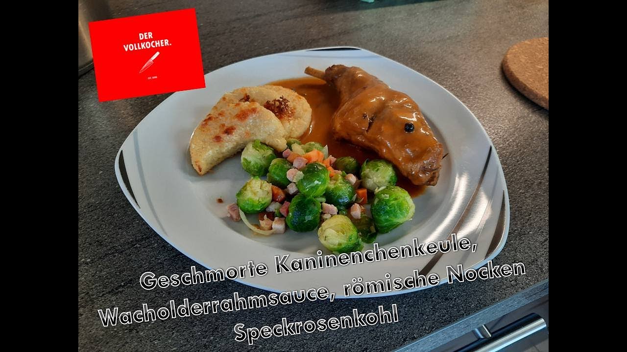 Geschmorte Kaninchenkeule in Wacholderrahmsauce, römische Nocken und Speck - Rosenkohl