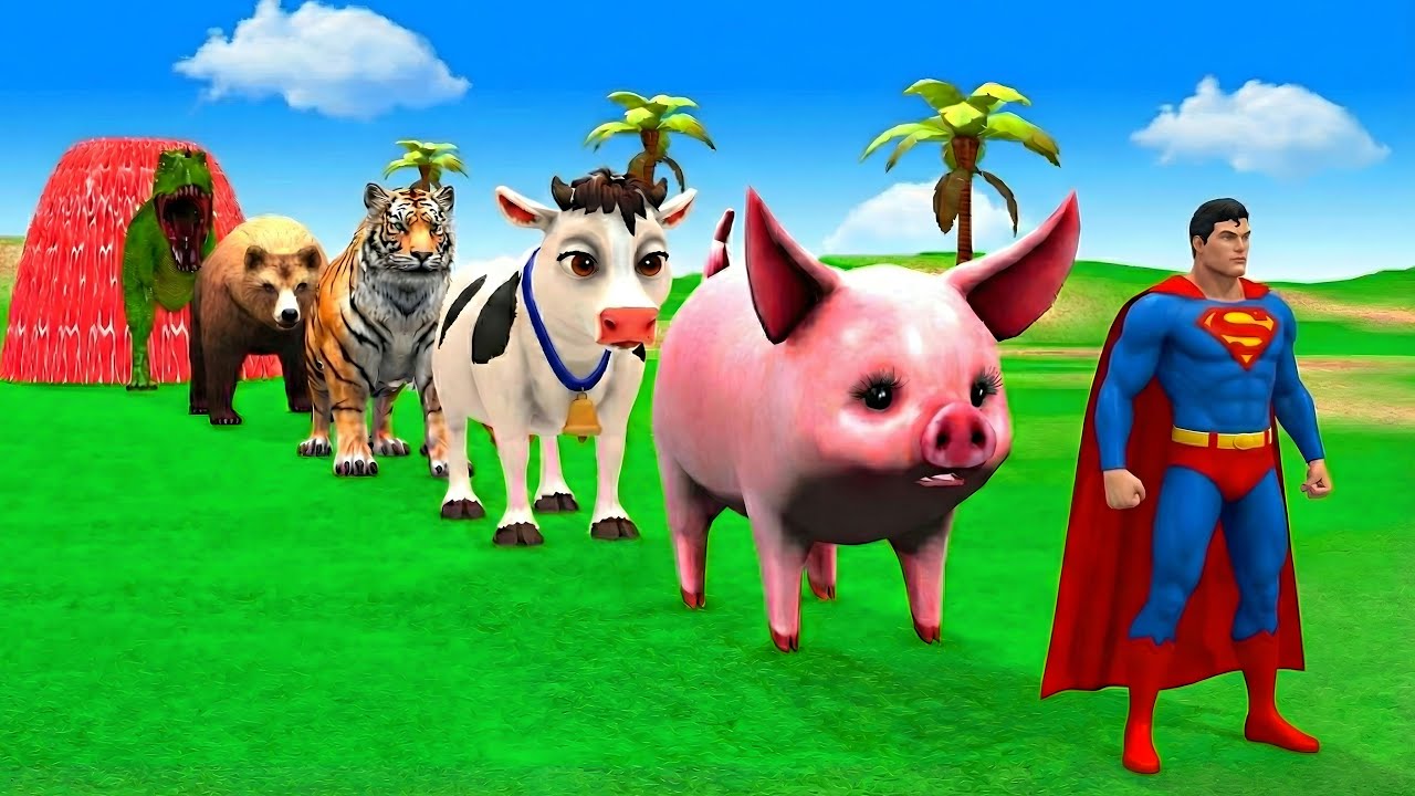 Long Slide Game with Cow Elephant Gorilla Hippopotamus Tiger 3d Animal Game Funny 3d Animals