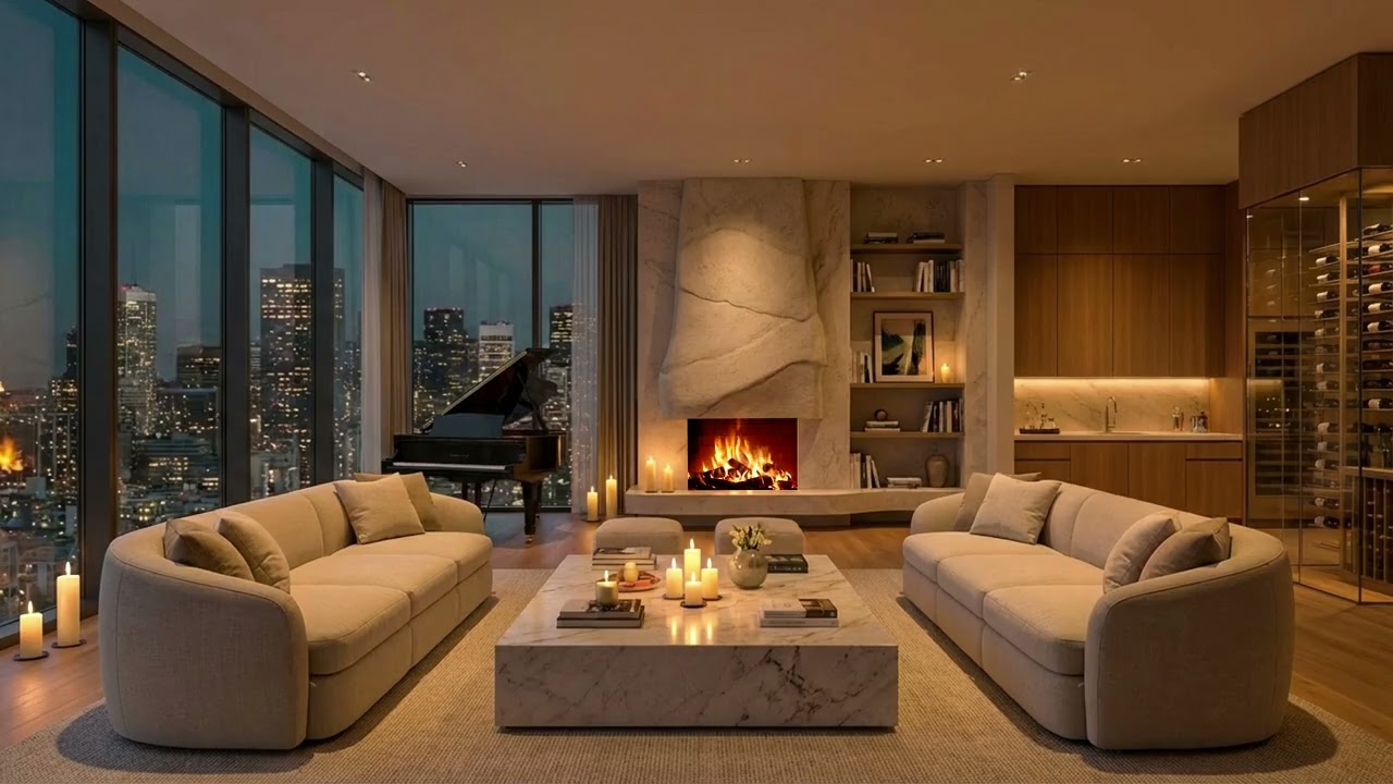 Peaceful Winter Night in a Luxury Penthouse | Elegant Piano & Warm Fireplace Ambience for Relaxation