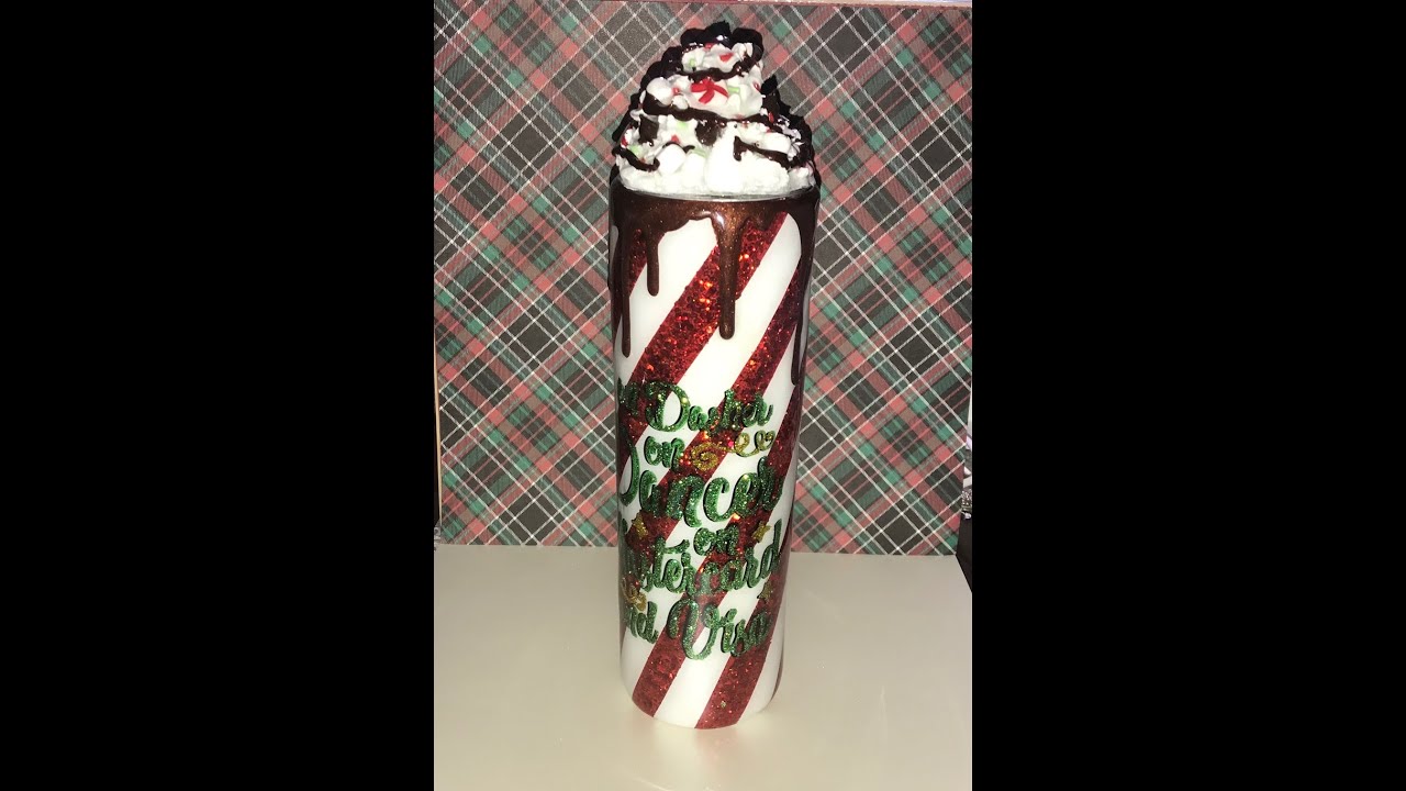 DIY Faux Whipped Cream Topper Candy Cane Tumbler with Chocolate Drips and Glitter Waterslide Decal
