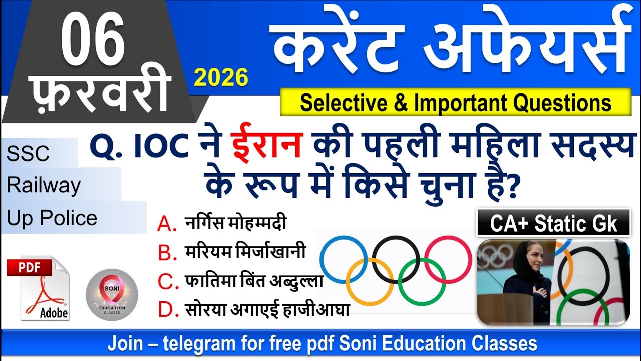 6 February Current Affairs 2026 | Daily MCQ + Static GK | SSC, Railway, BPSC |Soni Education Classes