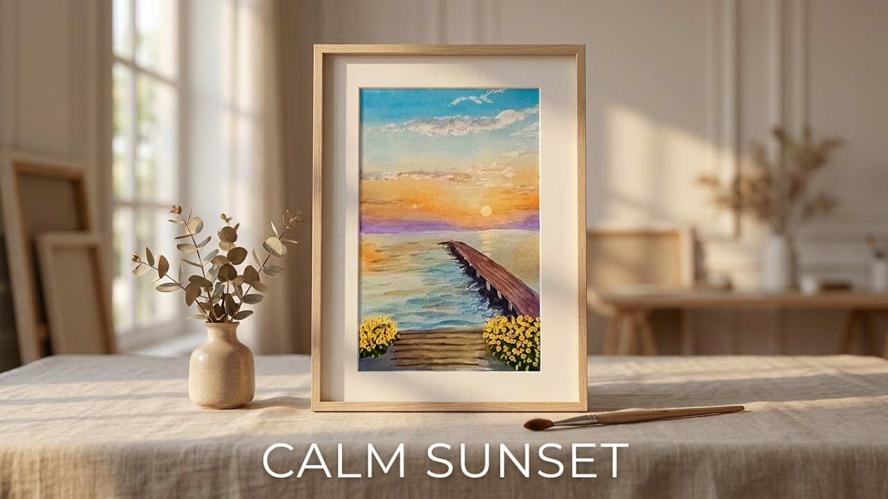 How to paint a calm beach sunset with watercolors step by step