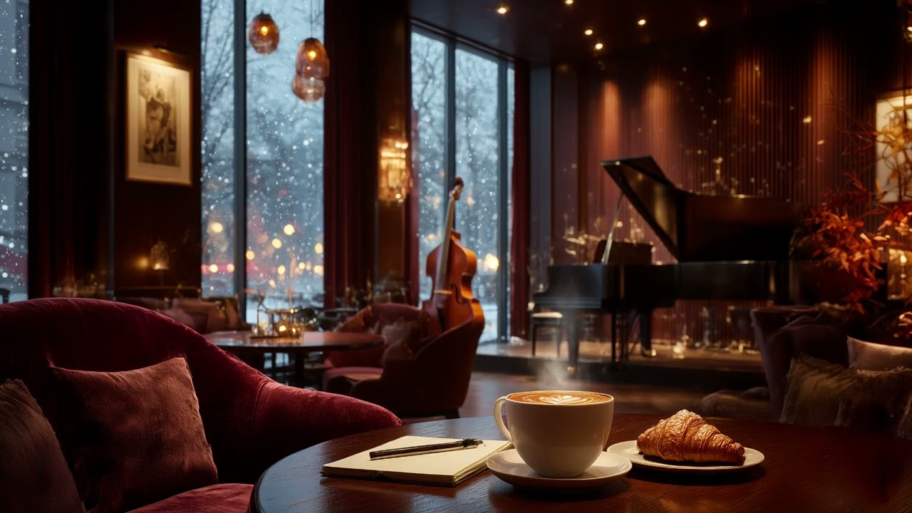 Relaxing Snowy Jazz Café | Soft Instrumental Jazz & Window Snowfall