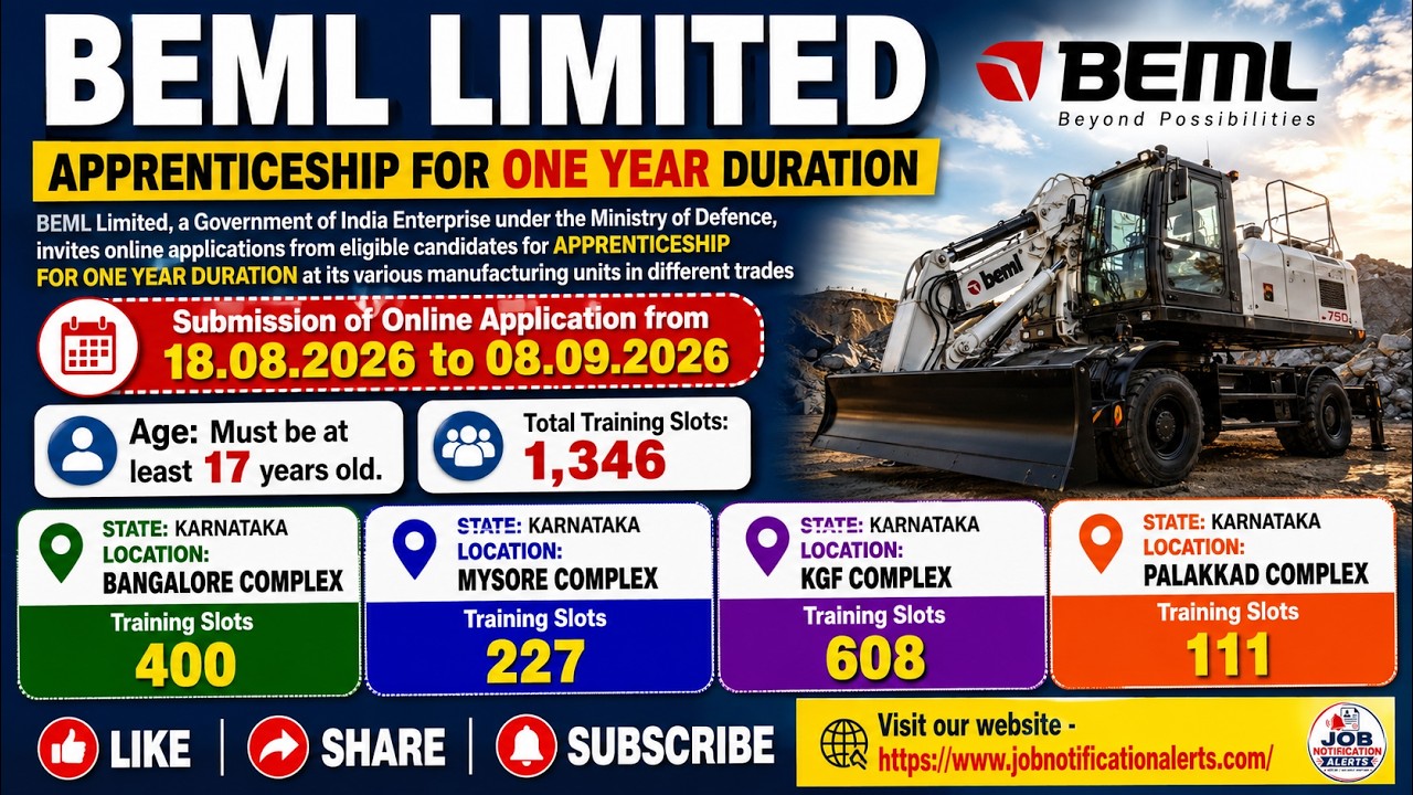 Стажировка в BEML 2026 | 1346 вакансий | Подача онлайн | Возраст 17+ | Карнатака | До 08.09.2026