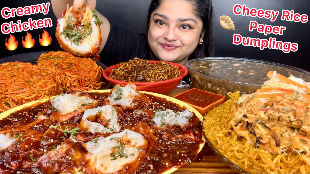 CHEEEESSSYYYY RICE PAPER DUMPLINGS WITH SPICY SAUCE, CREAMY CHICKEN, SCHEZWAN NOODLES | EATING SHOW