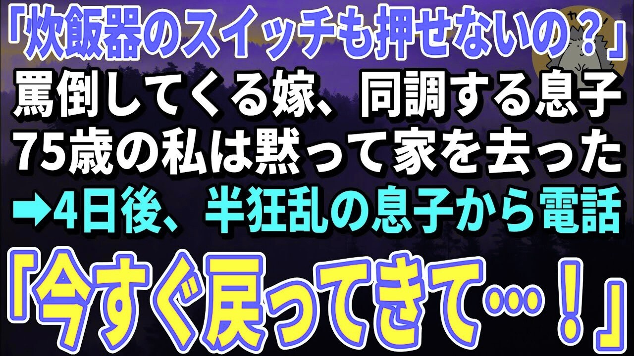 【スカッとする話】「炊飯器のスイッチも押せないの？」罵倒してくる嫁、同調する息子。75歳の私は黙って家を去った→4日後、半狂乱の息子から電話がかかってきて…【朗読】【シニア】