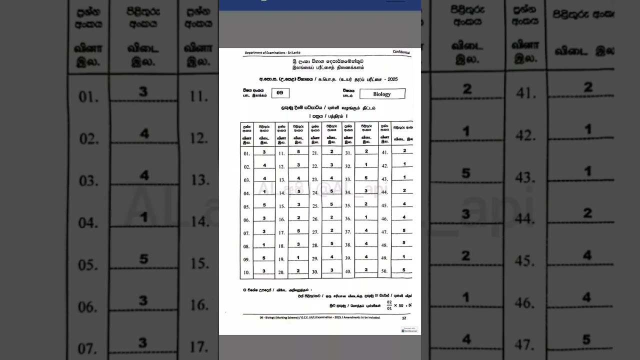 2025 A/L Bio MCQ Ans