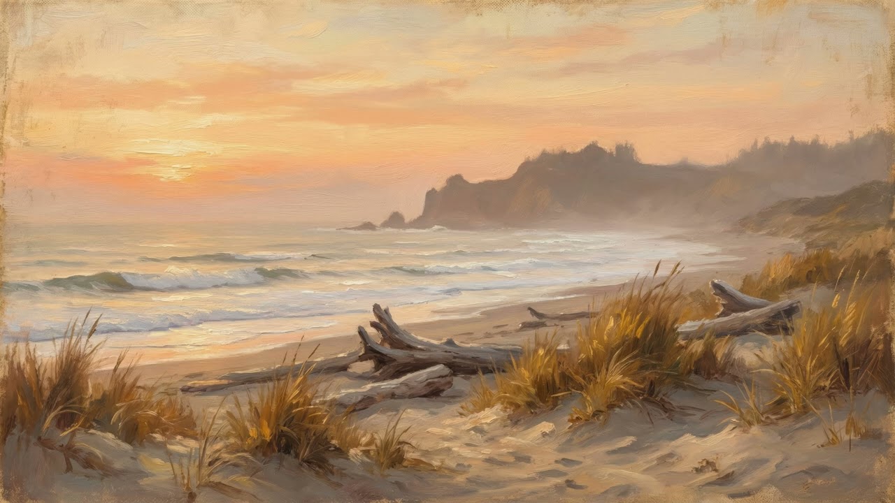 Framed Autumn Beach Sunset Oil Painting 4K (1HR) – Peaceful Dune Shoreline | Relaxing TV Art
