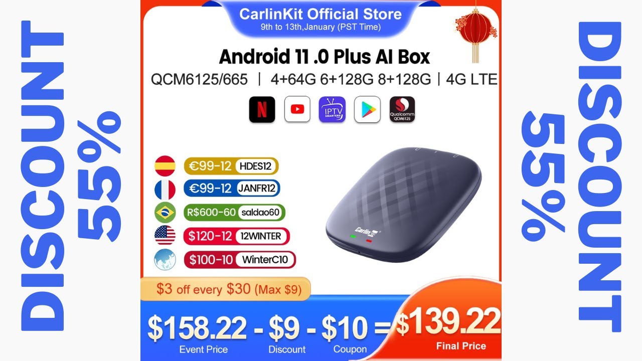 CarlinKit CarPlay Ai Box Android 11 Plus QCM6125 8-core Wireless Android Auto & Apple CarPlay TV Box