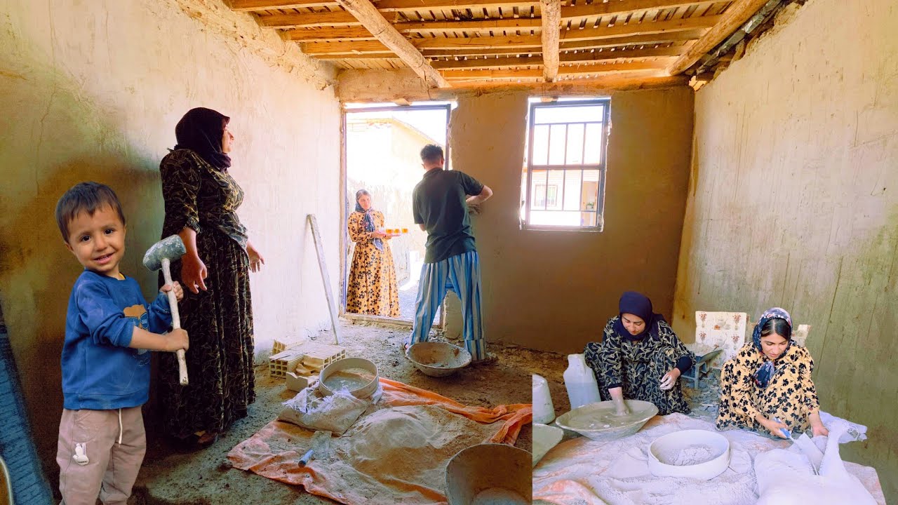 Last Day of Plastering the Windows and Doors at Sister Touran's House with Ibrahim and Soghra