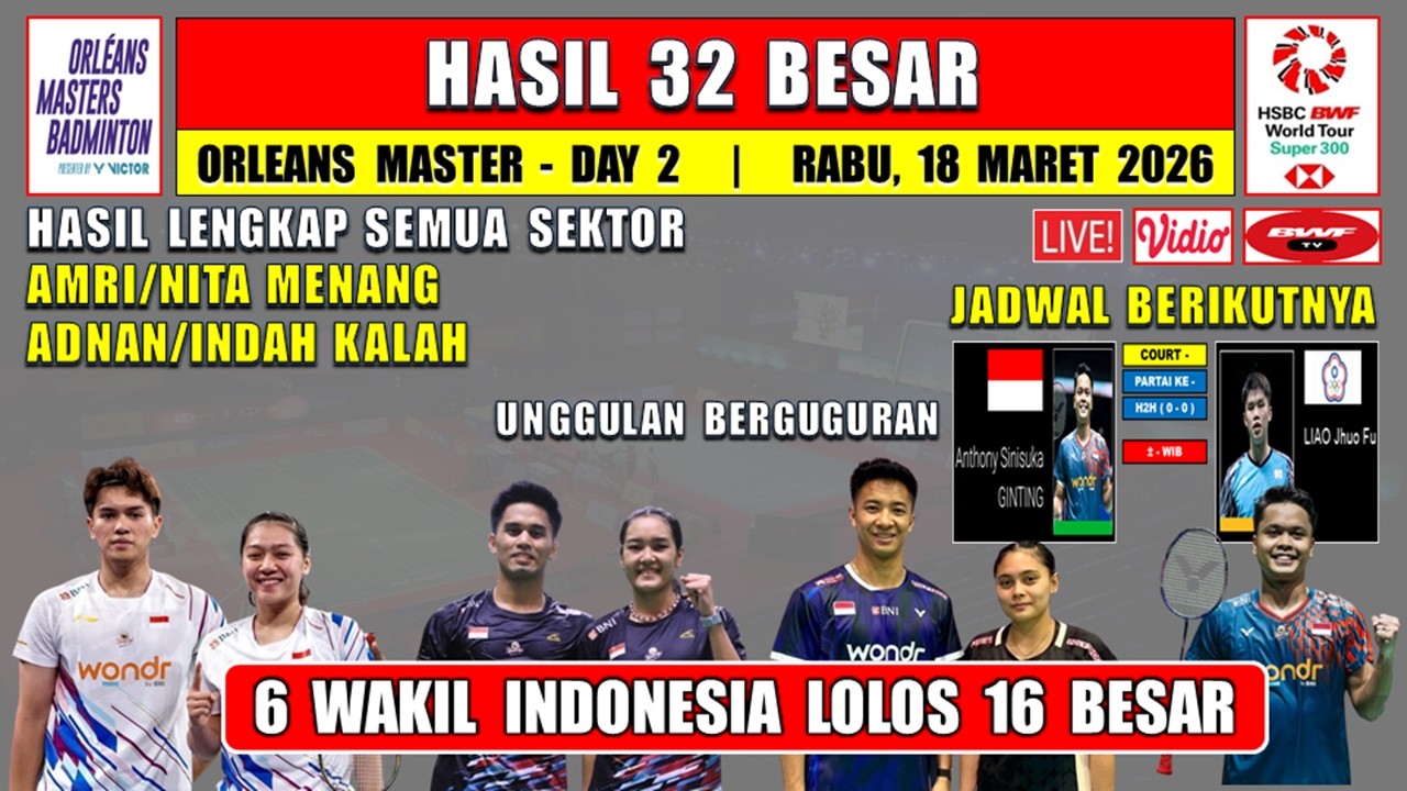 6 WAKIL INDONESIA MENANG ~ Hasil 32 Besar Orleans Master 2026 Hari Ini ~ AMRI/NITA MENANG