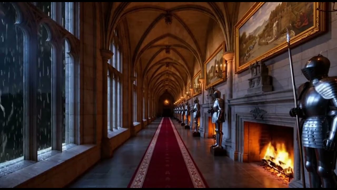 Medieval Corridor with Woodburning Fireplace🌩️🔥Rainy Night by the Fire in Medieval Corridor