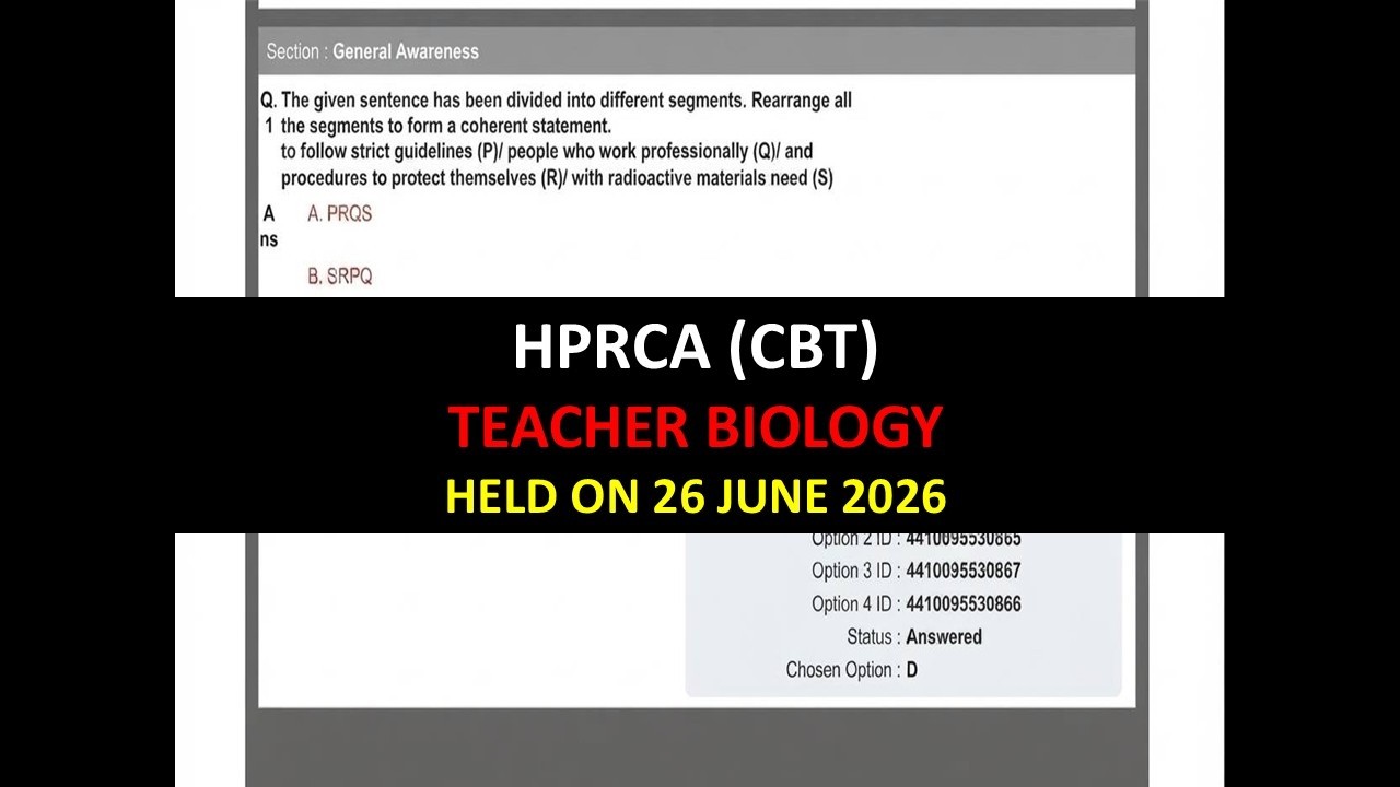 HPRCA TEACHER BIOLOGY SOLVED PAPER HELD ON 26 JUNE 2026