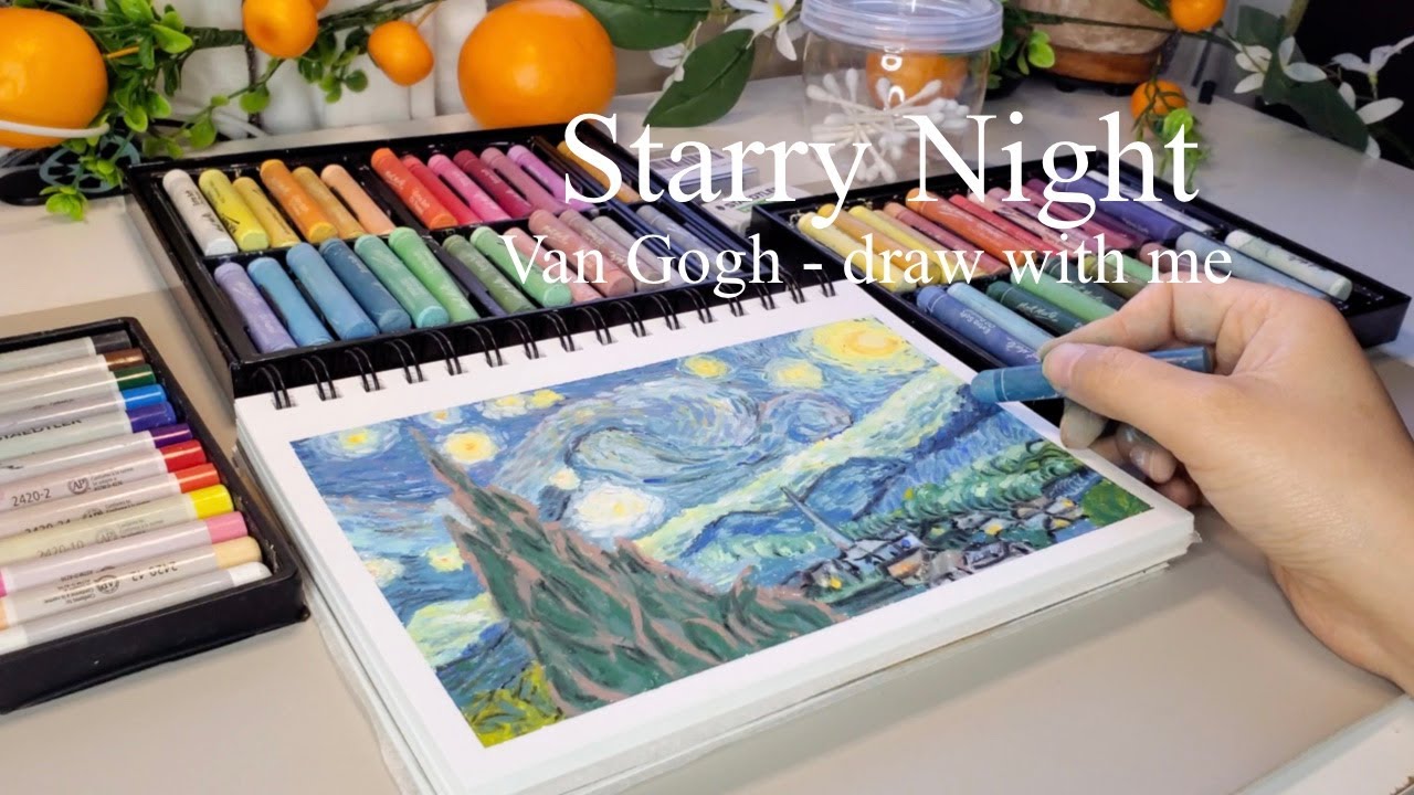 Van Gogh's starry night cosy colour study ⭐️ Oil pastel draw with me