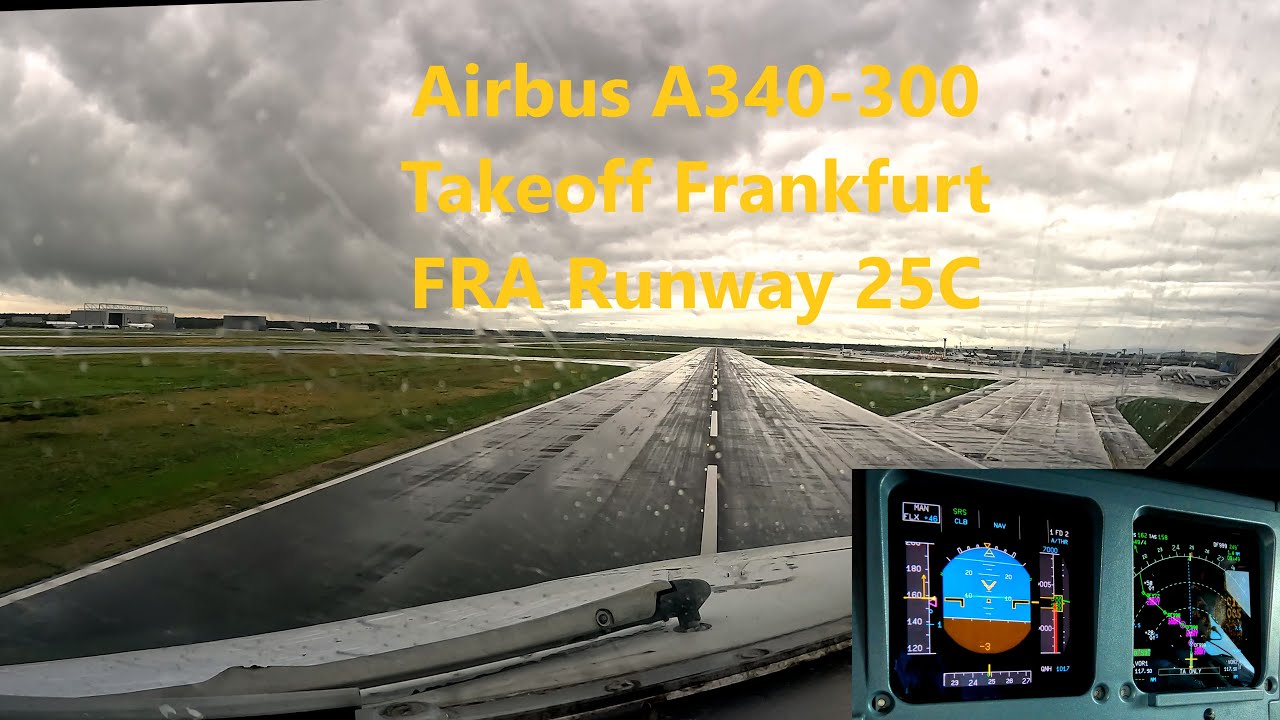 Airbus A340-300 rainy takeoff Frankfurt FRA runway 25C - real pilot view - CaptainPadde