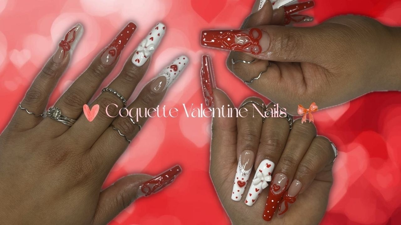 ❤️Cute Coquette Valentine Nails with 3D Bows | Nail Art Tutorial🎀