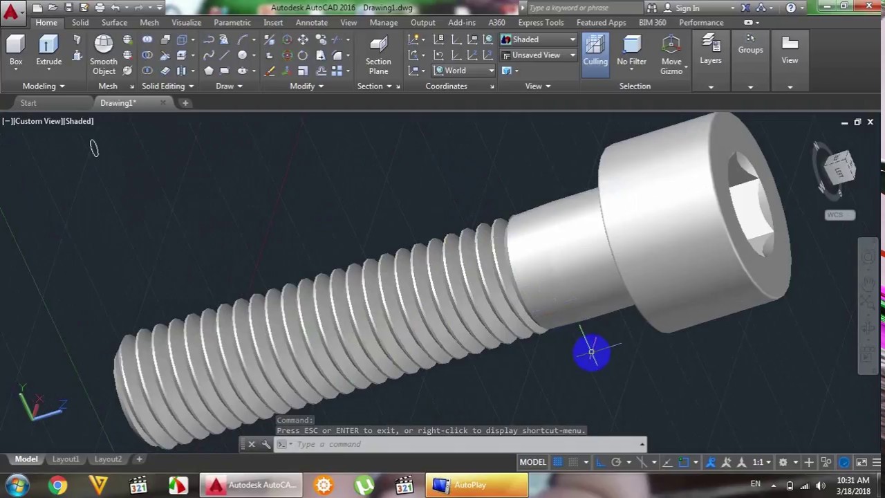 AutoCAD 3D, how to create cap screw, make cap bolt