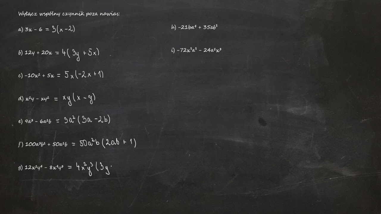 2.42. Wyłącz wsp&oacute;lny czynnik poza nawias: a) 3x &minus; 6 b) 12y + 20x c) &minus;10x&sup2; + 5x