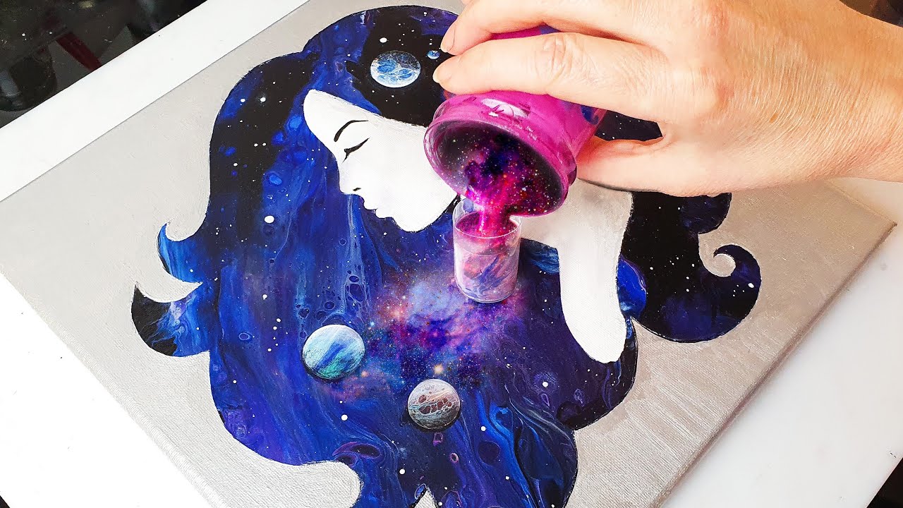 STELLAR Galaxy Woman - Floating Cup Pour | ABcreative Acrylic Painting Tutorial