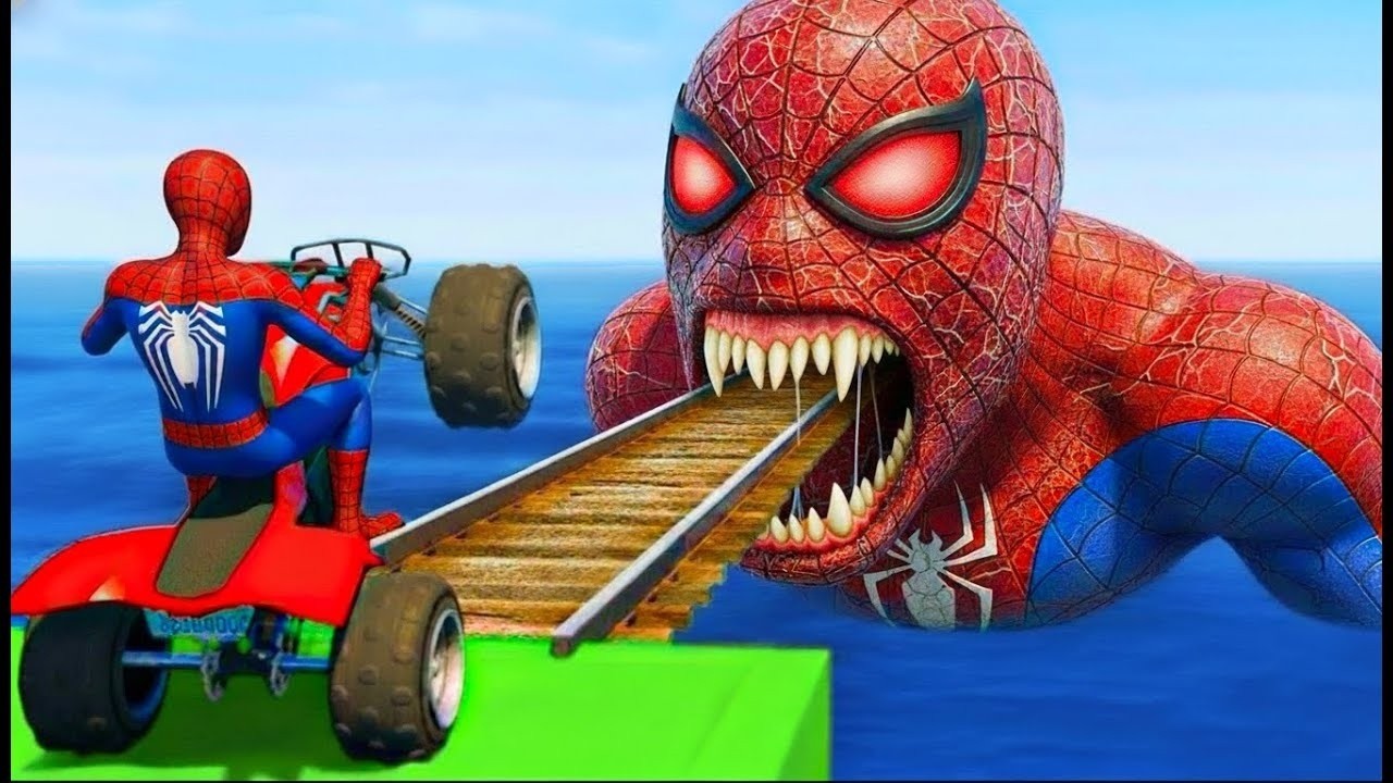 سبايدر مان اصعب دراجة نارية فوق اسماك القرش - Superheroes Ride on Motorcycle Stunt Funny Moments??