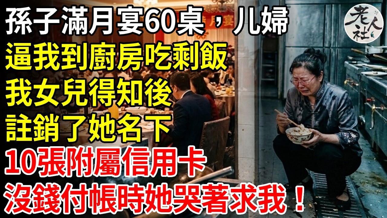 孫子滿月宴足60桌，兒子媳婦逼我在廚房吃飯，我委屈離席，女兒得知後，幫我註銷了兒子名下的10張附屬信用卡，等他們付不起賬單時，哭著來求我了#退休金#不肖子孫#老年生活#老人社