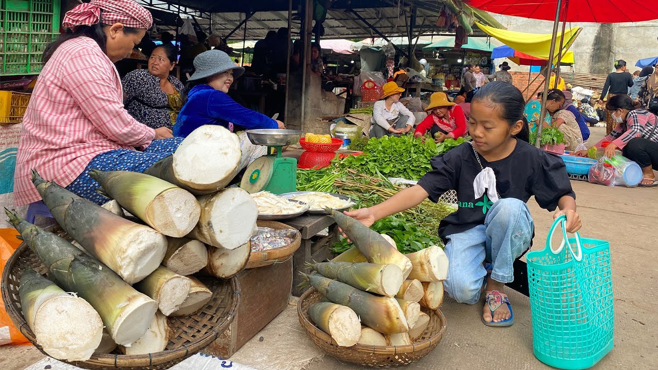 Cambodia countryside market, Smart girl Pich buy Bamboo shoot for cooking - Cooking with Sreypich