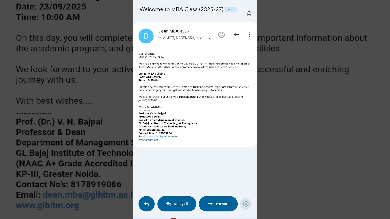 Mail regarding start of mba classes at gl bajaj #glbajaj #mba