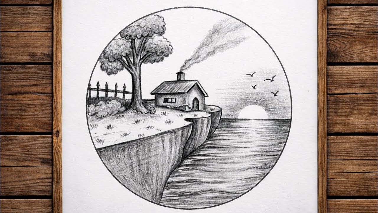 Easy Mountain Edge Sea View Sunset Scenery Drawing | Easy Pencil Sketch for Beginners