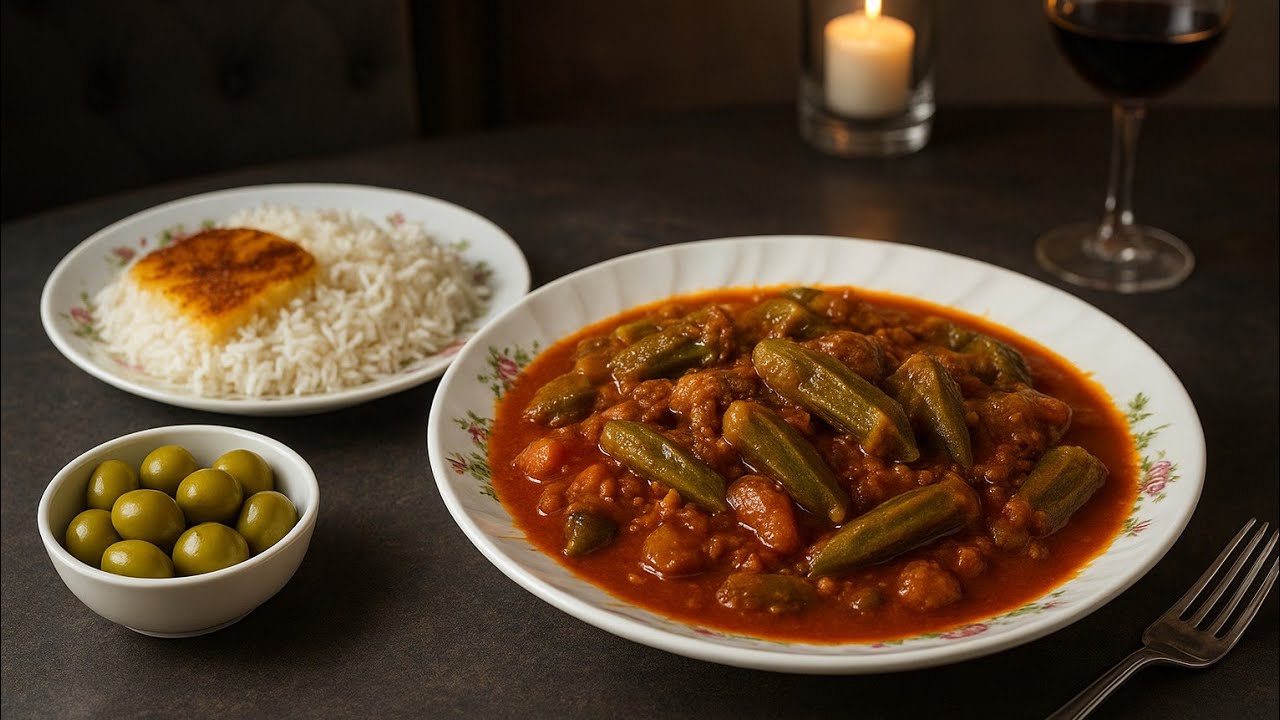 food Persian Okra Stew (Khoresh Bamia) with Crispy Tahdig 🍲🍚خورشت بامیه #food
