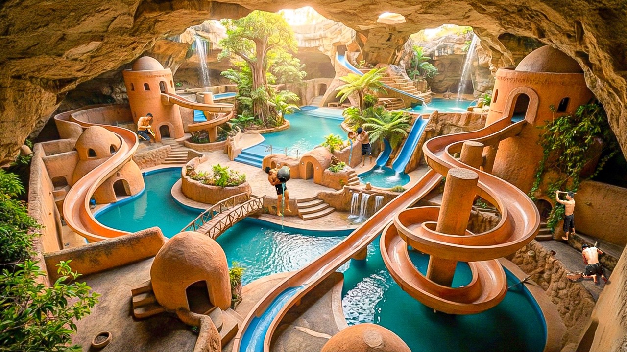 180 Days Building Underground Cave Water Park with Curved Tube Slides & Pools Using Primitive Tools