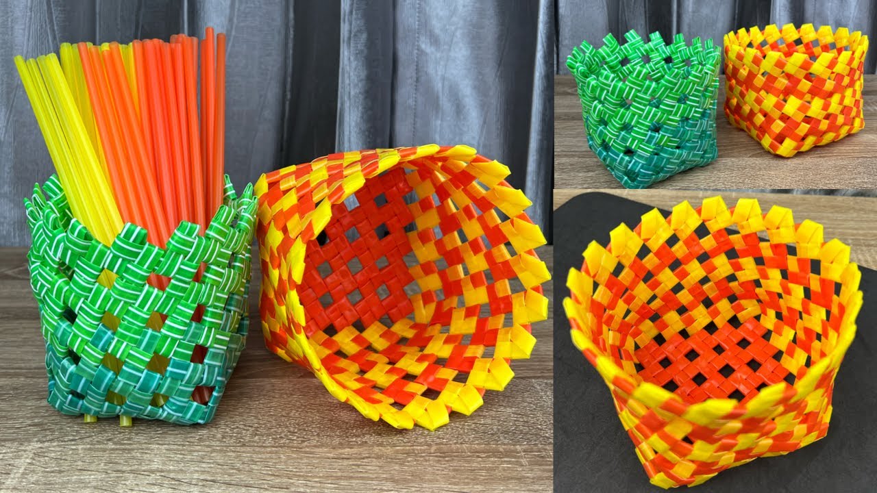 DIY Basket from Plastic drinking Straws. สานตะกร้า จากหลอดพลาสติก