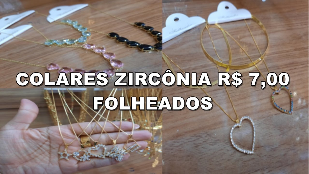 COLARES FOLHEADOS ZIRC&Ocirc;NIA STRASS POR R$ 7,00 NA 25 DE MAR&Ccedil;O