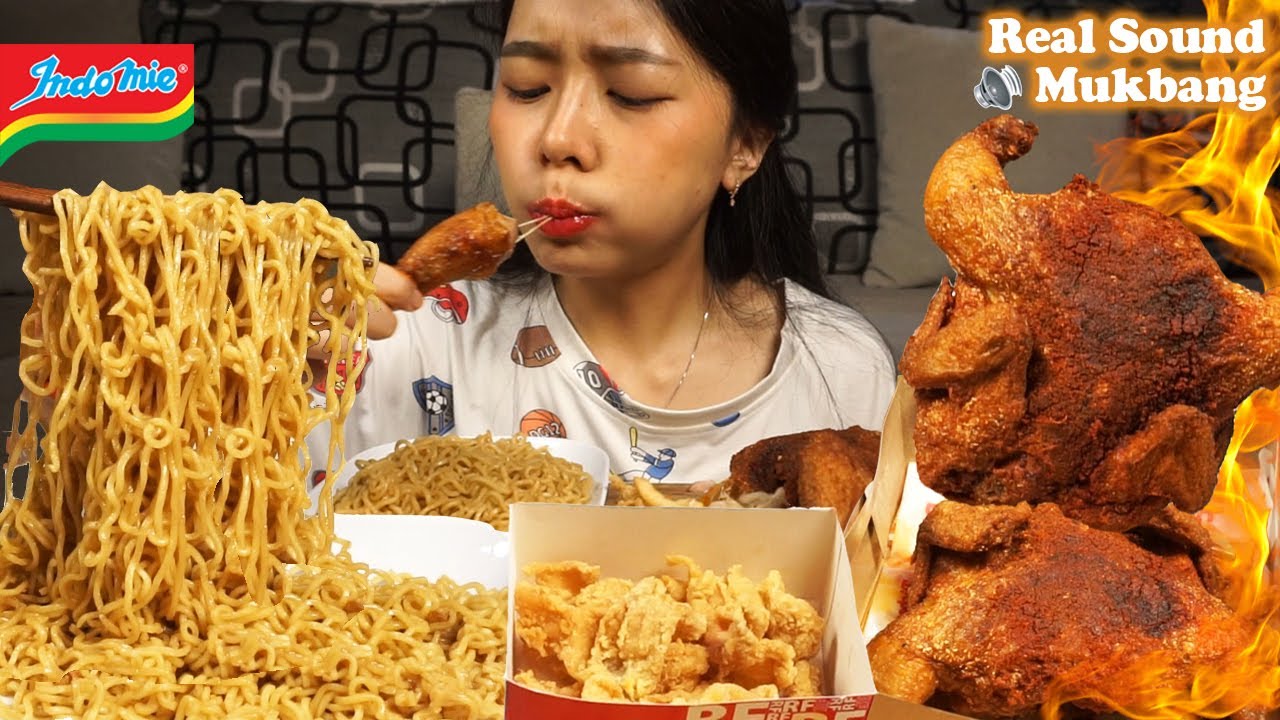 Real Sound Mukbang Richeese Spicy Flying Whole Chicken 🔥 & INDOMIE Mie Goreng | Eating Sounds ASMR