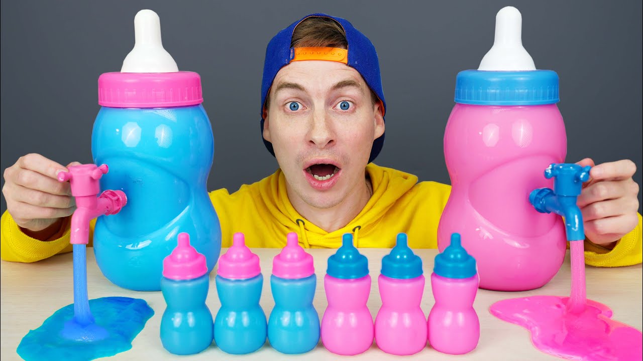 Botella de caramelo comestible rosa y azul de Viki y Niki
