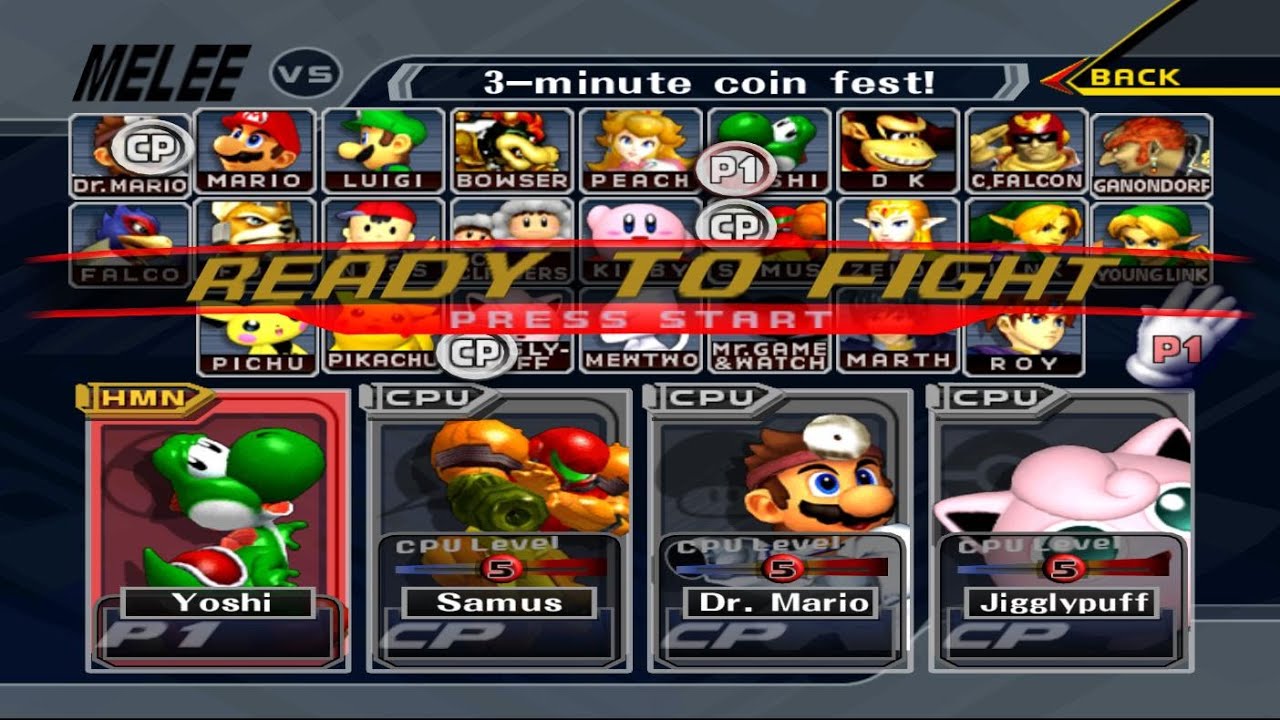 Yoshi VS Samus VS Dr Mario VS Jigglypuff | 3 Min Coin | Super Smash Bros Melee Fight 258