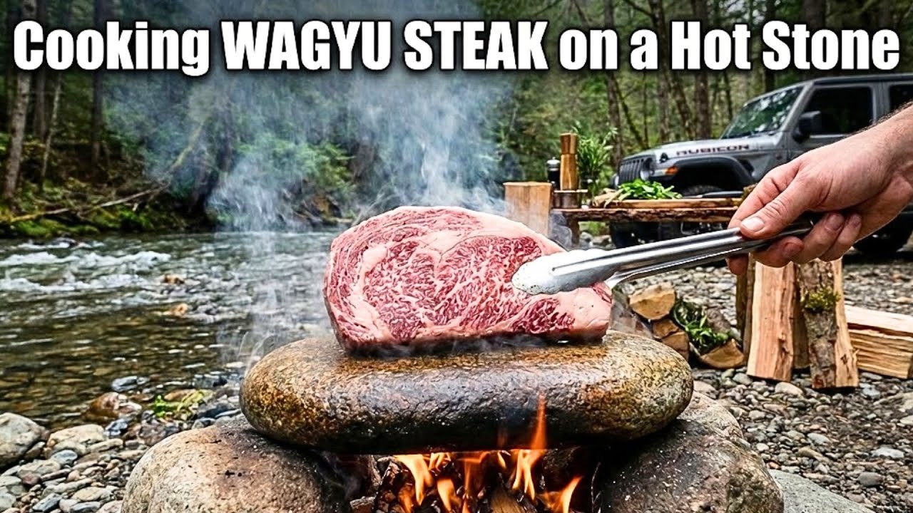 Cooking WAGYU STEAK on a Hot Stone [ River Sounds, Bushcraft Kitchen, Rare Beef ]