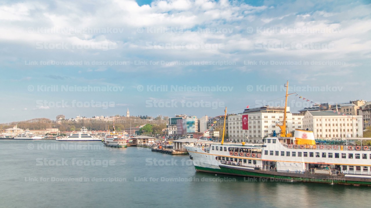 Tourist ship and ferris traffic on Bosphorus timelapse view from Galata Bridge in Istanbul, Turkey