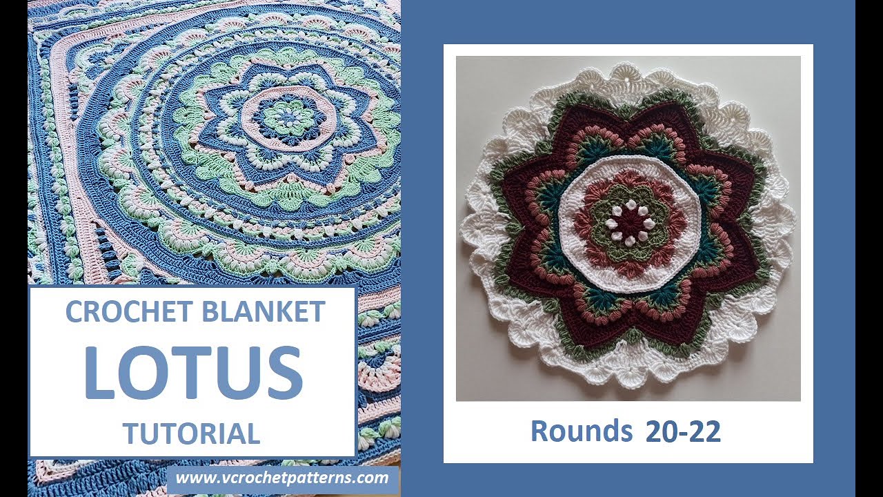 Rounds 20-22. Free crochet blanket LOTUS row-by-row tutorial (US terms) #crochetmandala